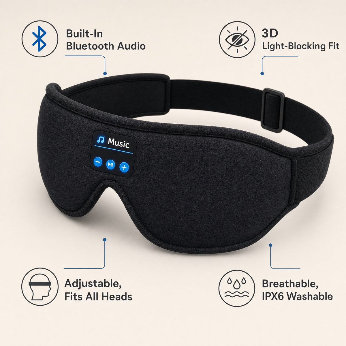 Memory foam and breathable fabric sleep mask worn lying down