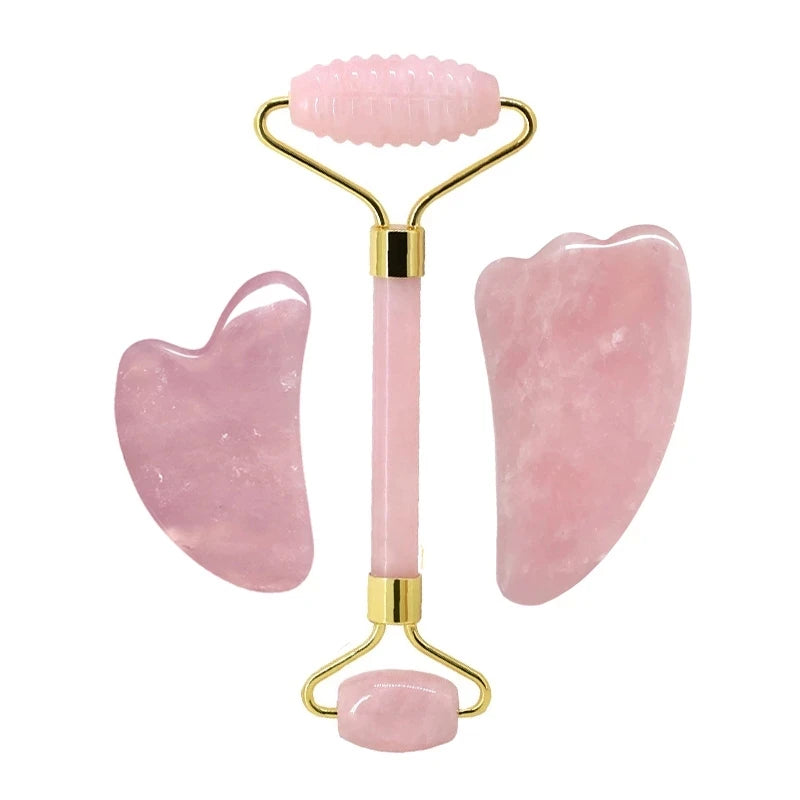 FrostGlow Rose Quartz Gua Sha & Roller Set — Cooling Crystal Sculpt
