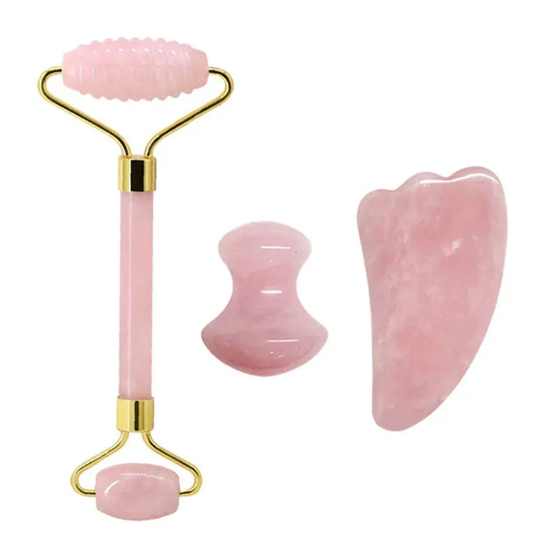 FrostGlow Rose Quartz Gua Sha & Roller Set — Cooling Crystal Sculpt