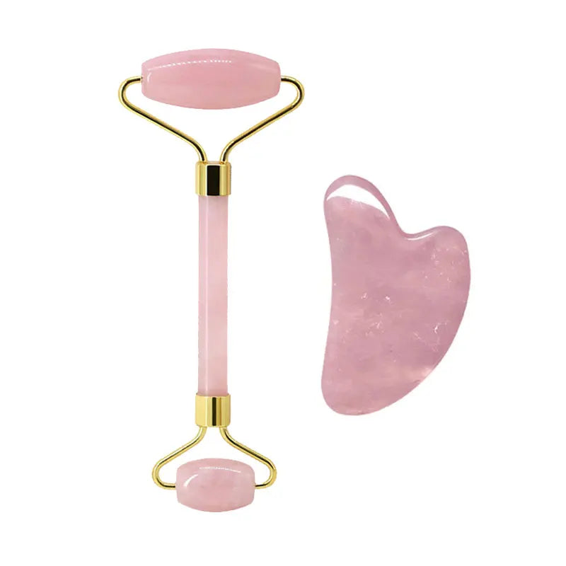 FrostGlow Rose Quartz Gua Sha & Roller Set — Cooling Crystal Sculpt