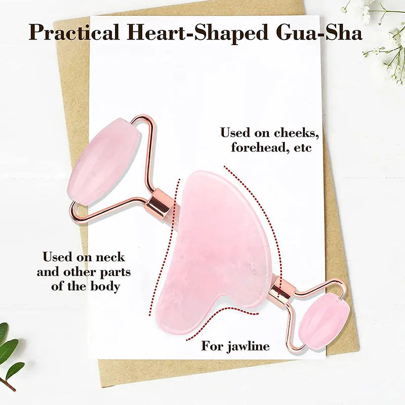 FrostGlow Rose Quartz Gua Sha & Roller Set — Cooling Crystal Sculpt