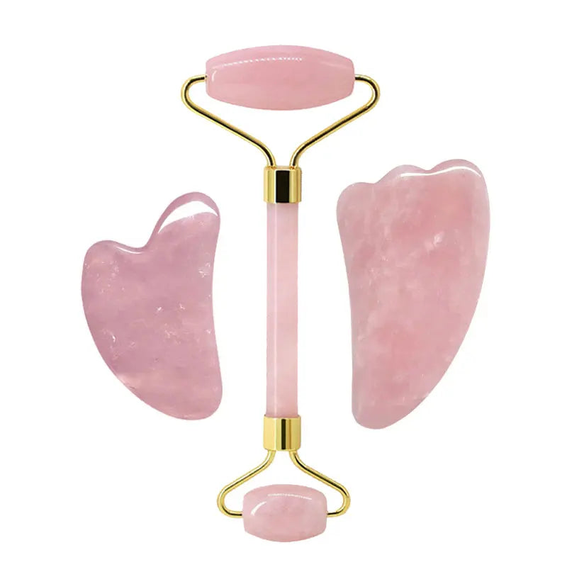 FrostGlow Rose Quartz Gua Sha & Roller Set — Cooling Crystal Sculpt