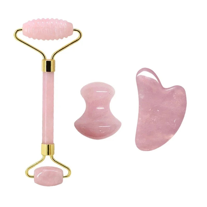 FrostGlow Rose Quartz Gua Sha & Roller Set — Cooling Crystal Sculpt