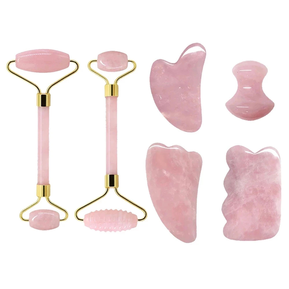 FrostGlow Rose Quartz Gua Sha & Roller Set — Cooling Crystal Sculpt