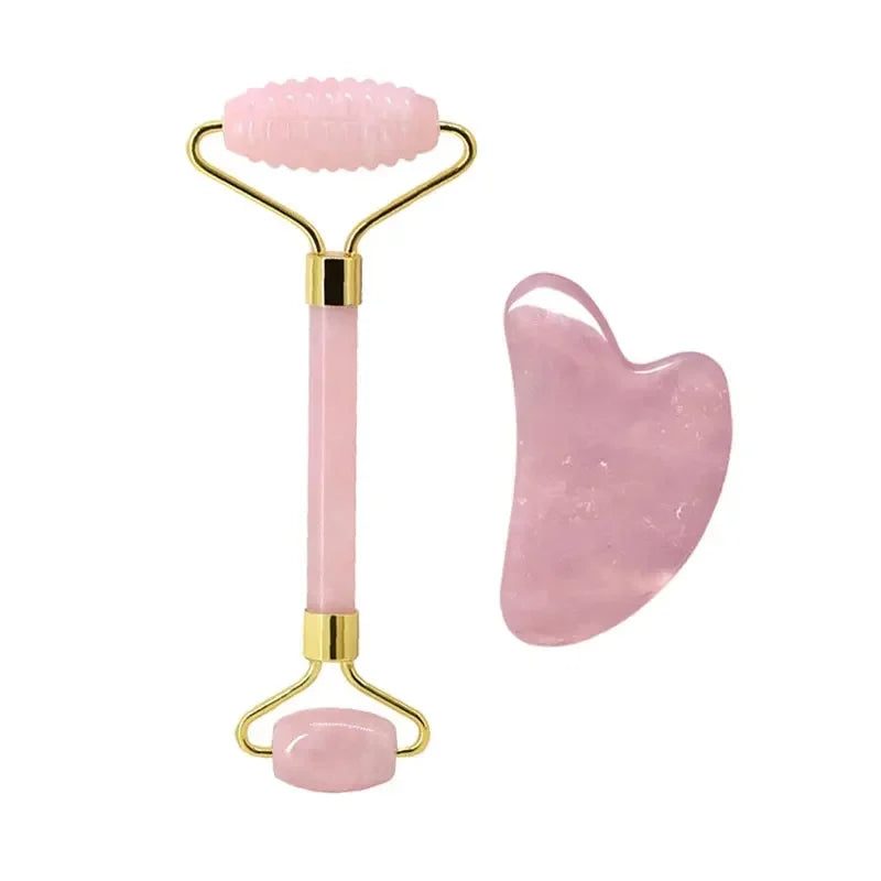 FrostGlow Rose Quartz Gua Sha & Roller Set — Cooling Crystal Sculpt