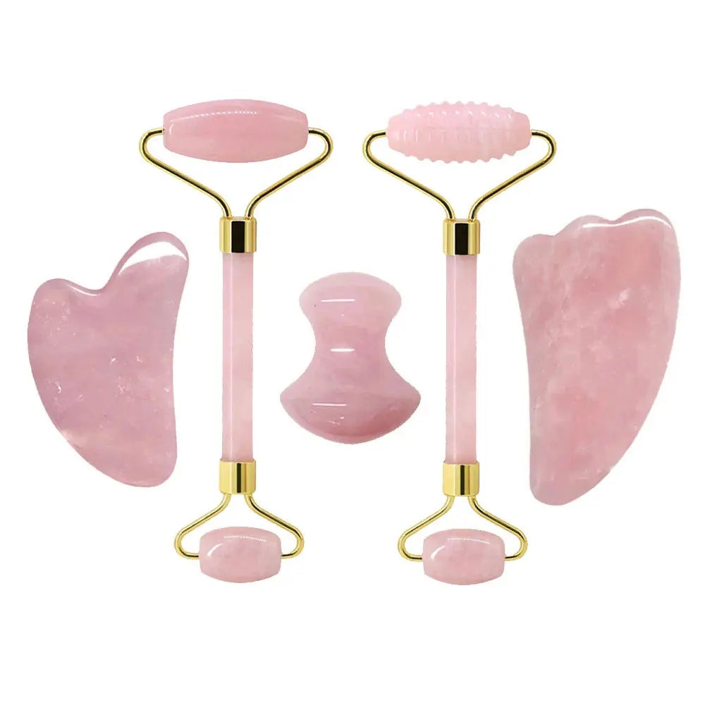 FrostGlow Rose Quartz Gua Sha & Roller Set — Cooling Crystal Sculpt
