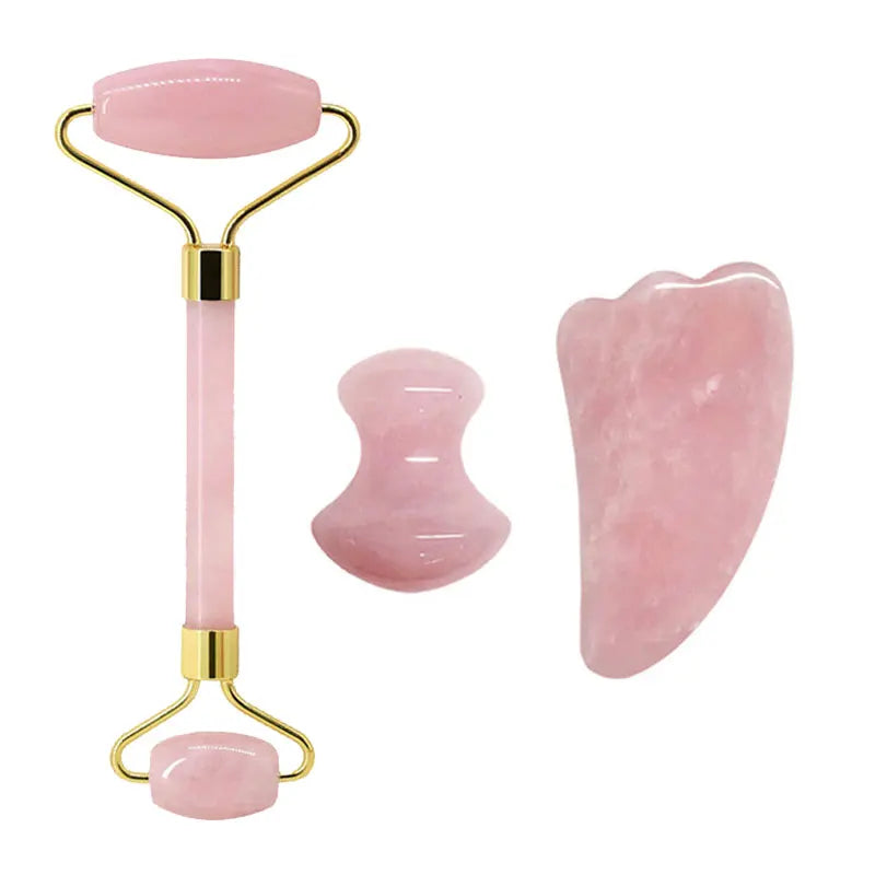 FrostGlow Rose Quartz Gua Sha & Roller Set — Cooling Crystal Sculpt