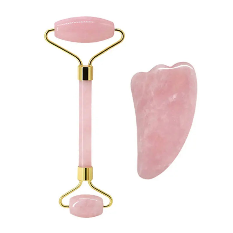 FrostGlow Rose Quartz Gua Sha & Roller Set — Cooling Crystal Sculpt