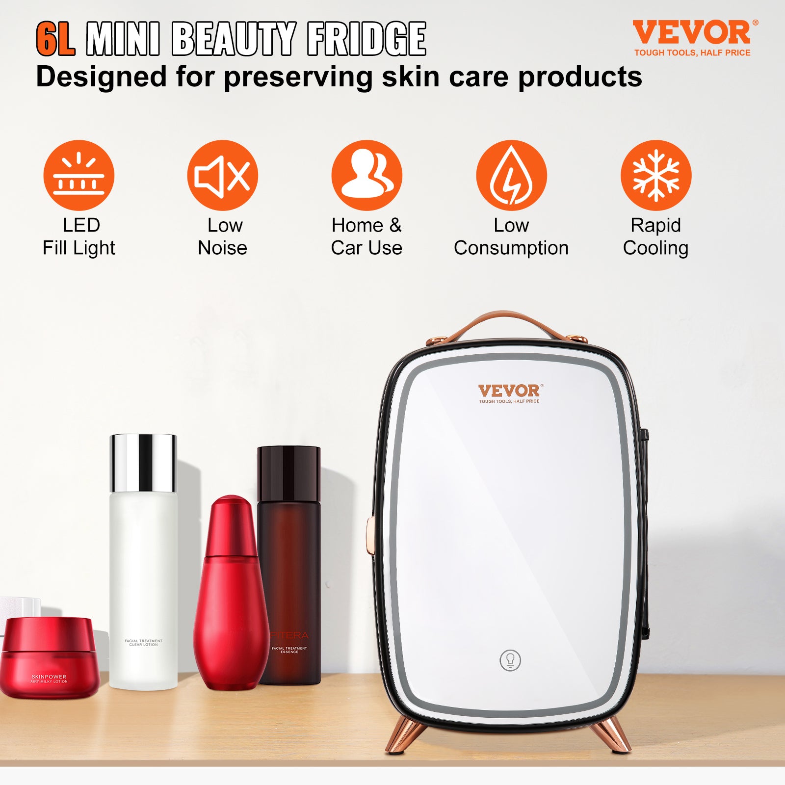 FrostGlow Beauty Fridge 6L skincare mini fridge with LED mirror